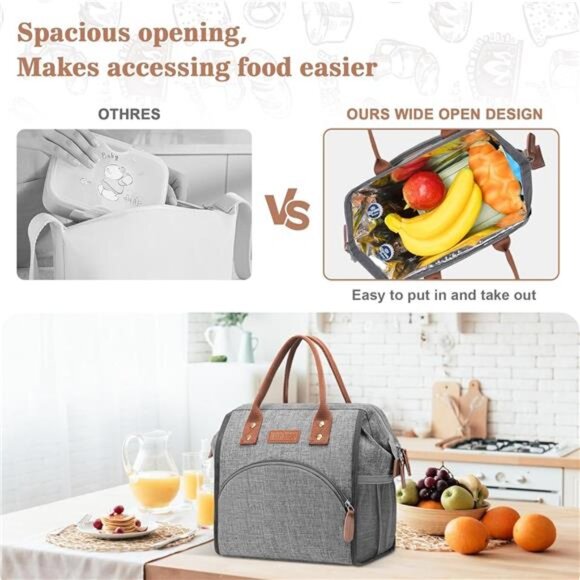 LOKASS Lunch Bag Women Insulated Lunch Box Wide-Open Lunch Tote Bag Large - Picture 2 of 7